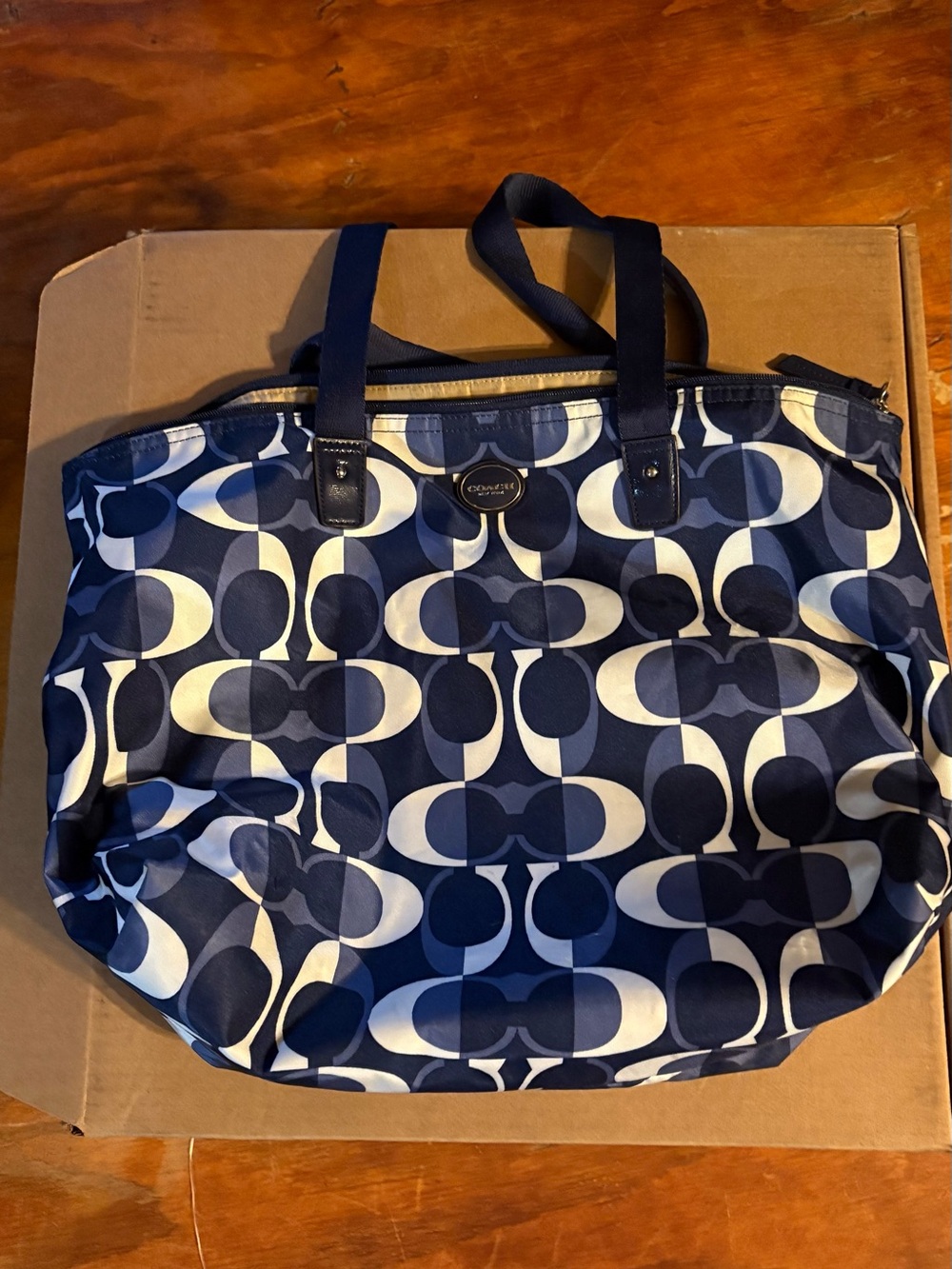 Coach Navy and Cream Signature Tote with Logo Medallion